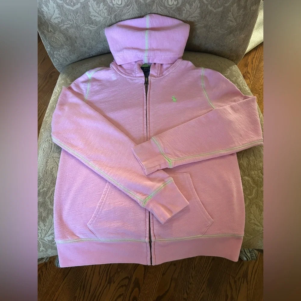 Polo Ralph Lauren Girls Pink Green Contrast Stitch Zip Hoodie L 12-14